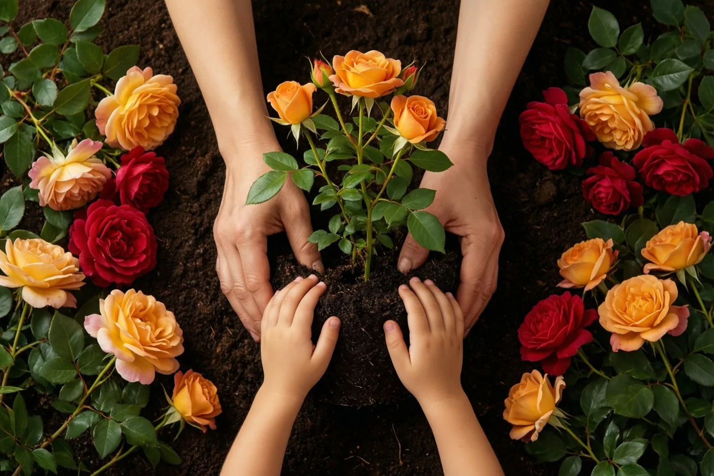 De handen van een volwassene en een kind planten een klein rozenstruikje in donkere aarde, omringd door bloeiende rode en oranje rozen en groene bladeren.