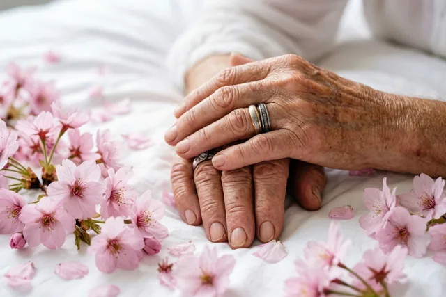 Hand in hand tussen bloesems