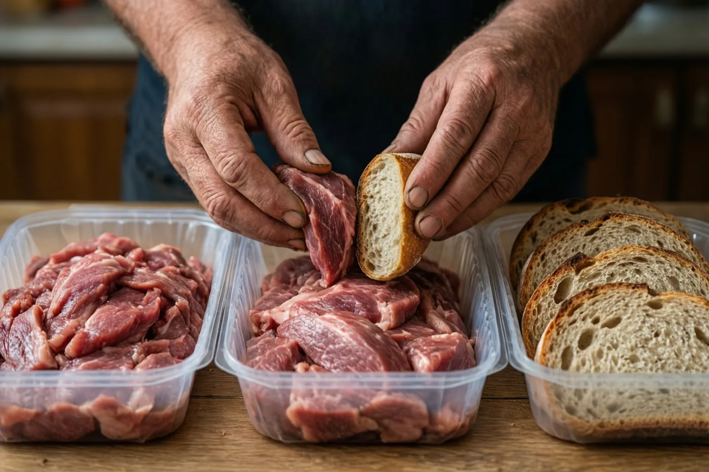 Twee handen verdelen rauw vlees en sneetjes brood over drie doorzichtige plastic bakjes op een houten keukentafel.
