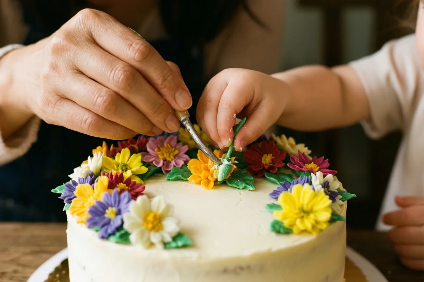 De handen van een volwassene en een kind versieren een wit geglazuurde taart met kleurrijke eetbare bloemen op een houten ondergrond.