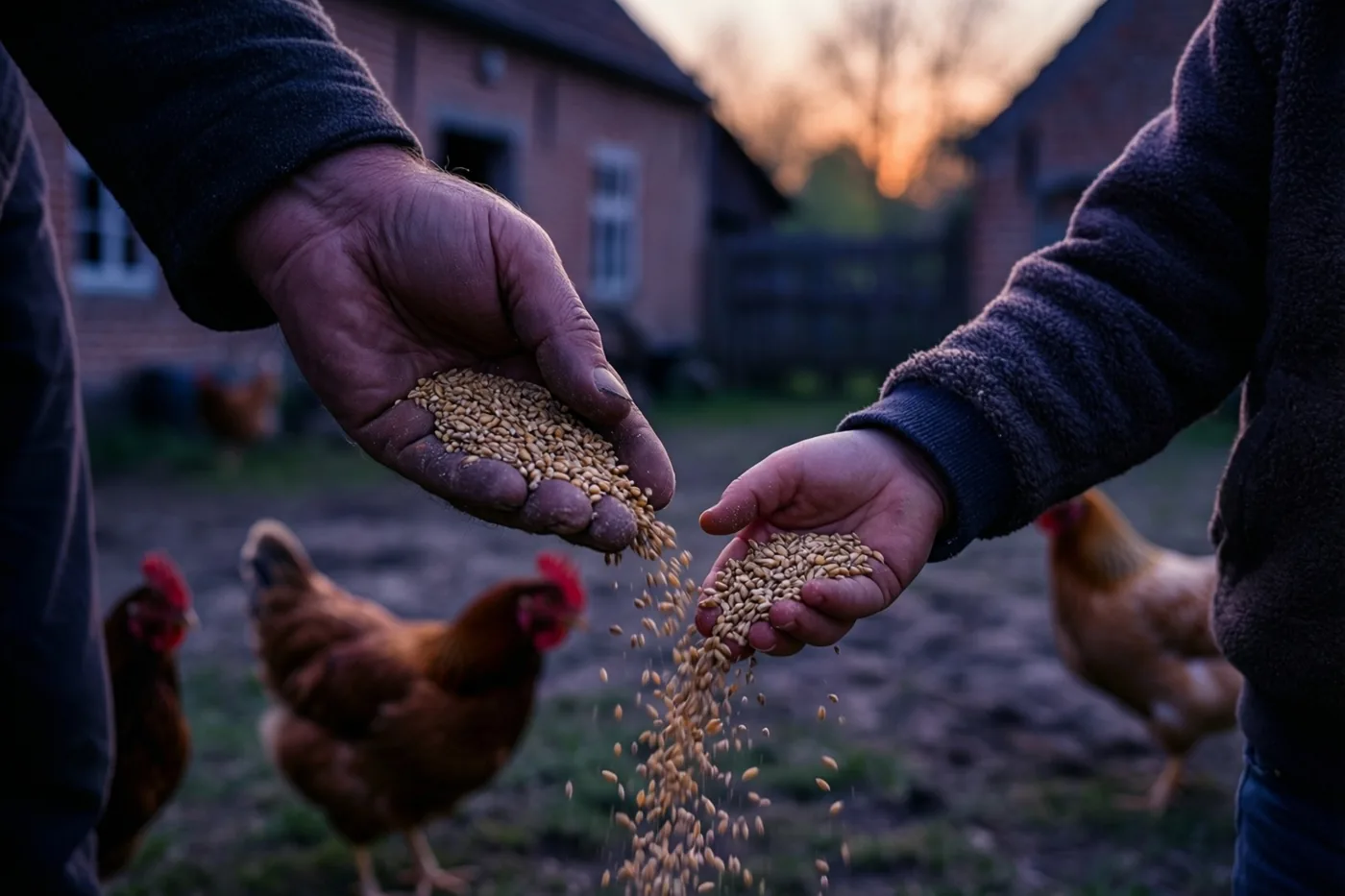Een volwassen hand en een kinderhand strooien graan voor kippen op het erf van een landelijke hoeve bij zonsondergang.
