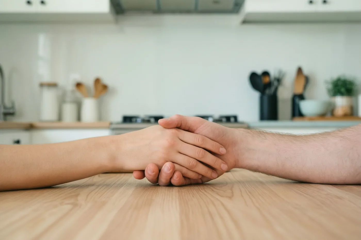 Twee handen houden elkaar vast op een houten keukentafel, voor een onscherpe moderne keuken met witte kasten en houten keukengerei.