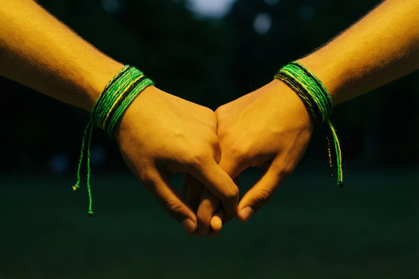 Twee handen met dezelfde groene en gele vriendschapsarmbandjes vormen samen een hart in warm avondlicht tegen een donkere, onscherpe achtergrond.