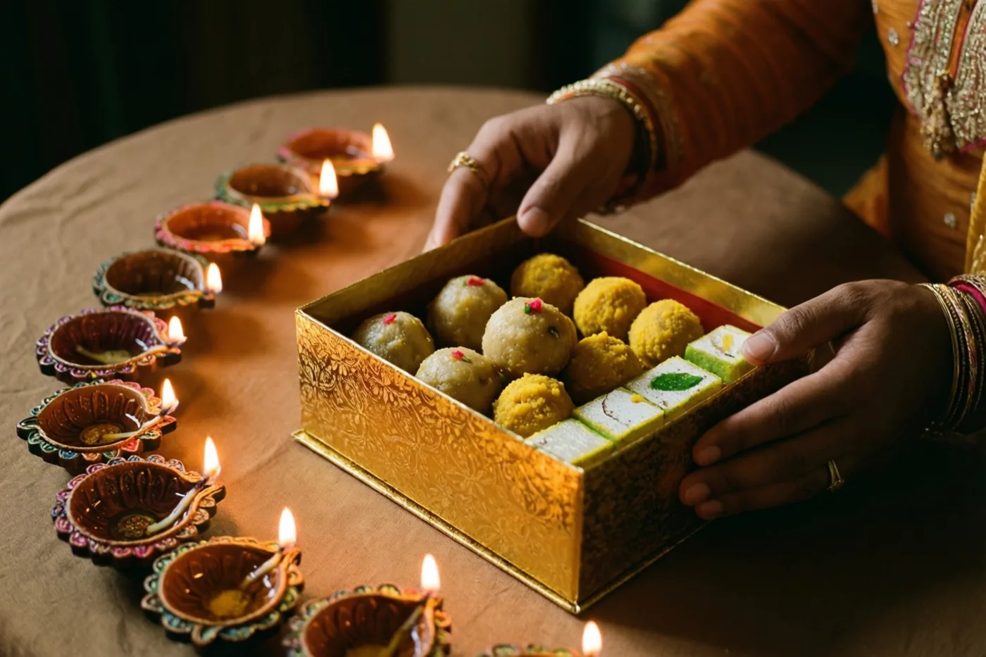 Handen leggen ladoos en barfi in een met goud versierde geschenkdoos op een tafel met een rij brandende olielampjes.