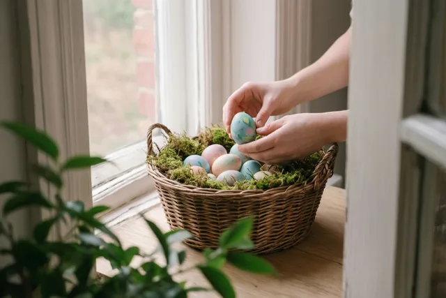 Twee handen leggen een beschilderd ei in een rieten mand met mos en kleurrijke eieren op een vensterbank, met groen op de voorgrond en een bakstenen muur buiten.
