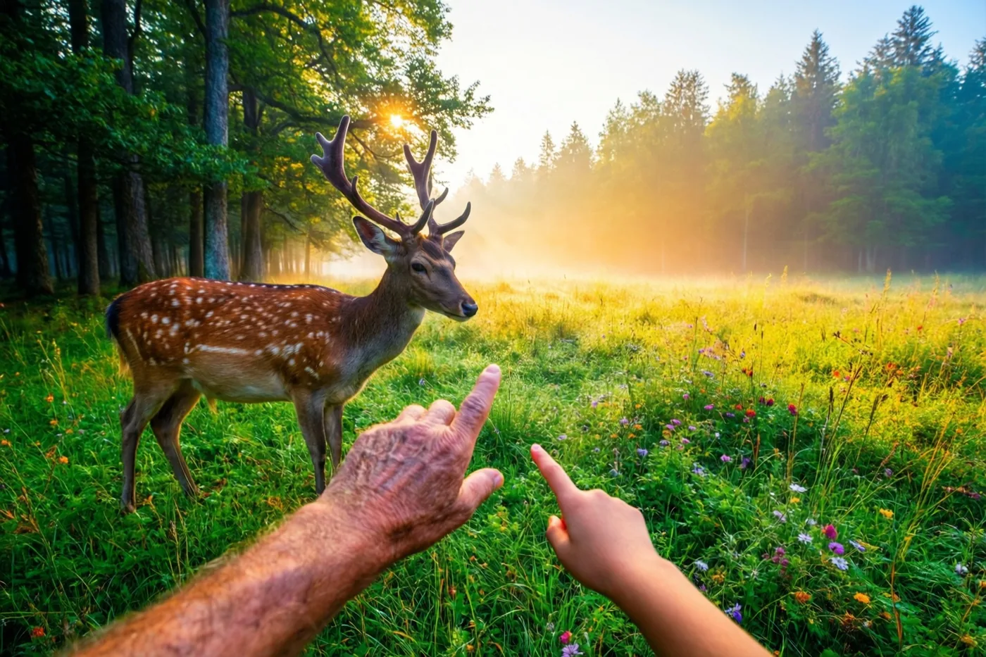Een oude hand en een kleine hand wijzen naar een hert in een mistige weide met gras en wilde bloemen, waar bij zonsopgang goudkleurig licht door de bomen valt.