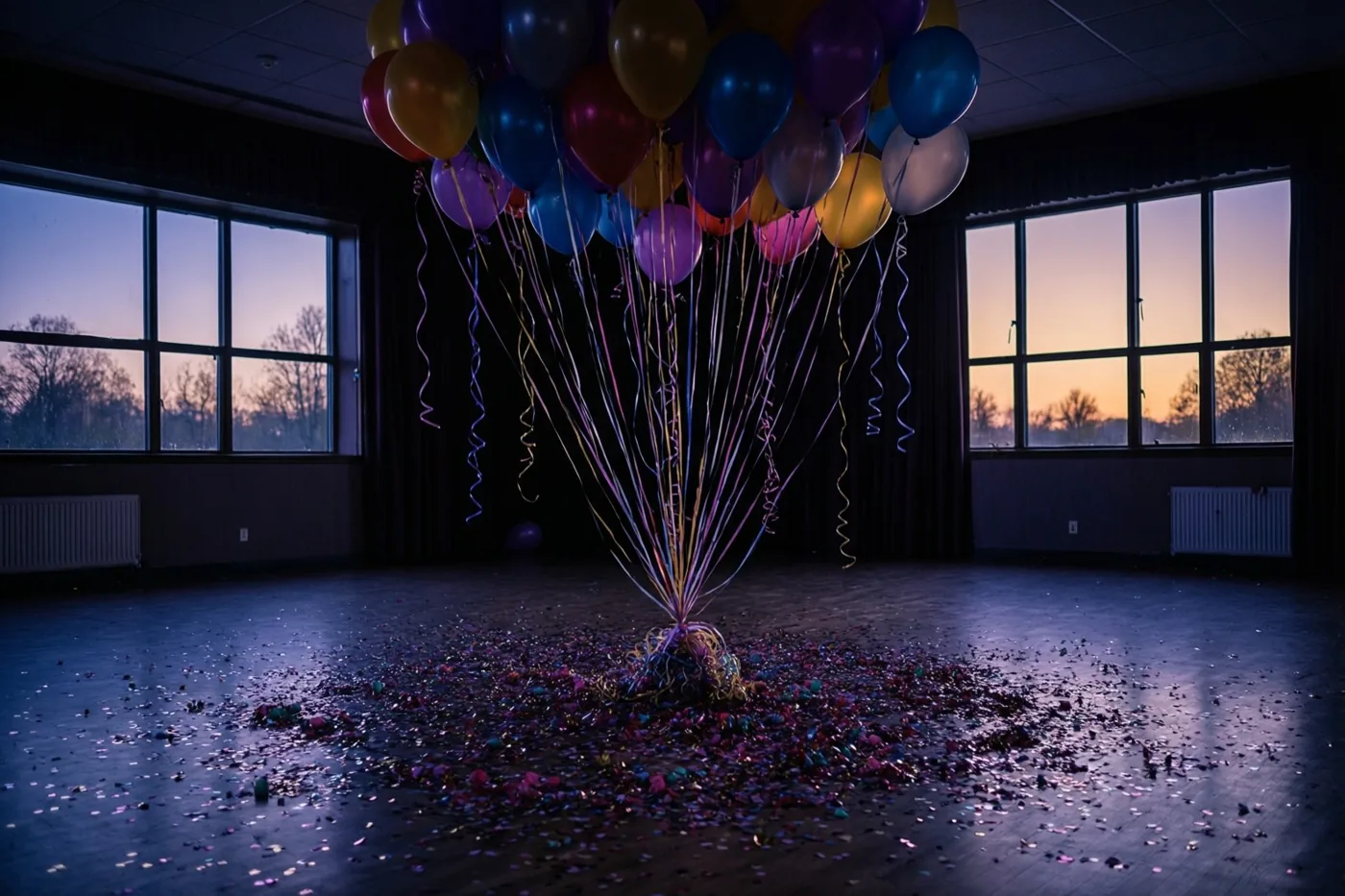 In een lege feestzaal hangt een grote tros kleurrijke ballonnen aan het plafond, met confetti op de vloer en zacht ochtendlicht door grote ramen.