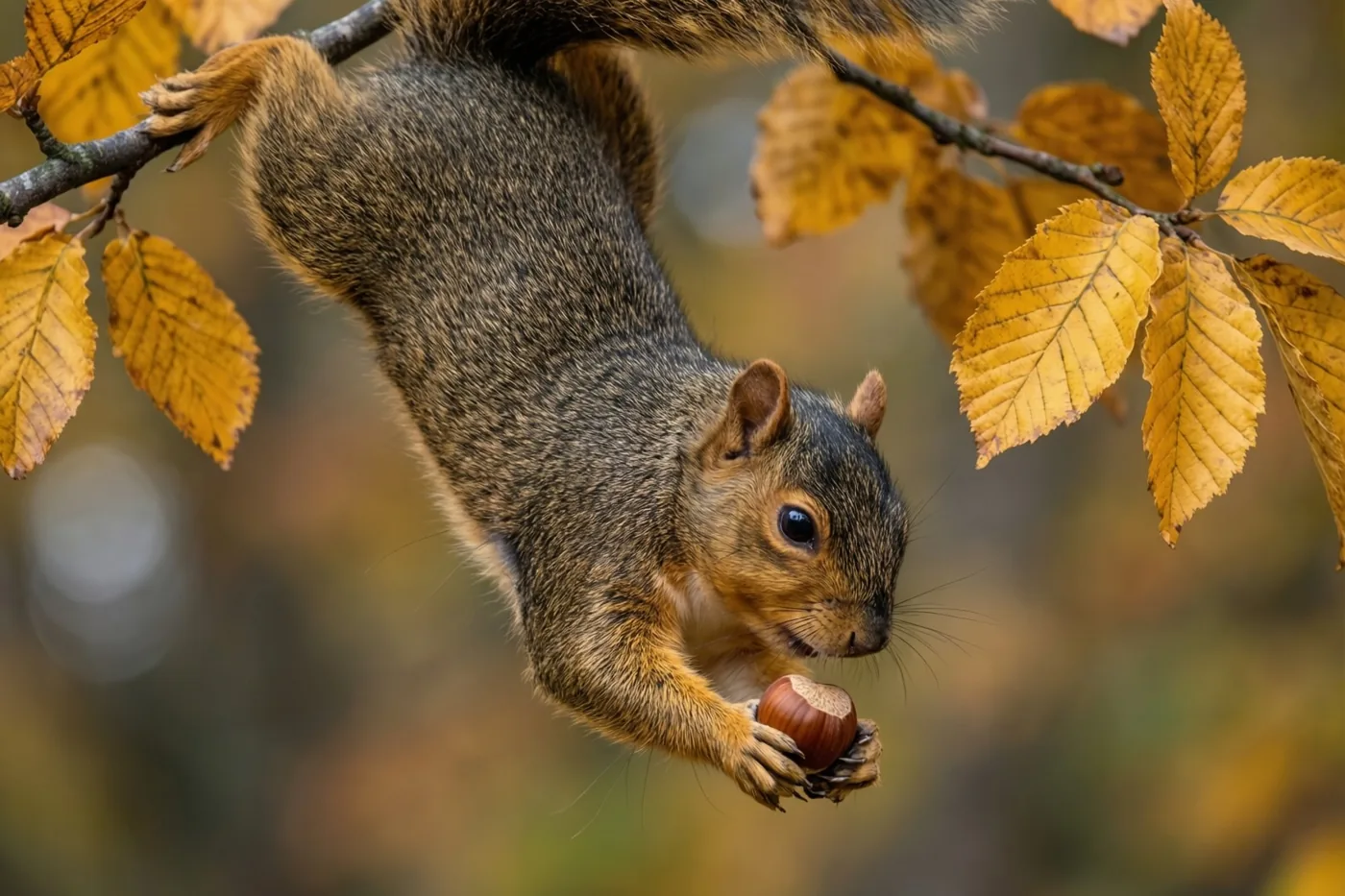 Een eekhoorn hangt ondersteboven aan een boomtak met een hazelnoot in zijn pootjes, omringd door gouden herfstbladeren.