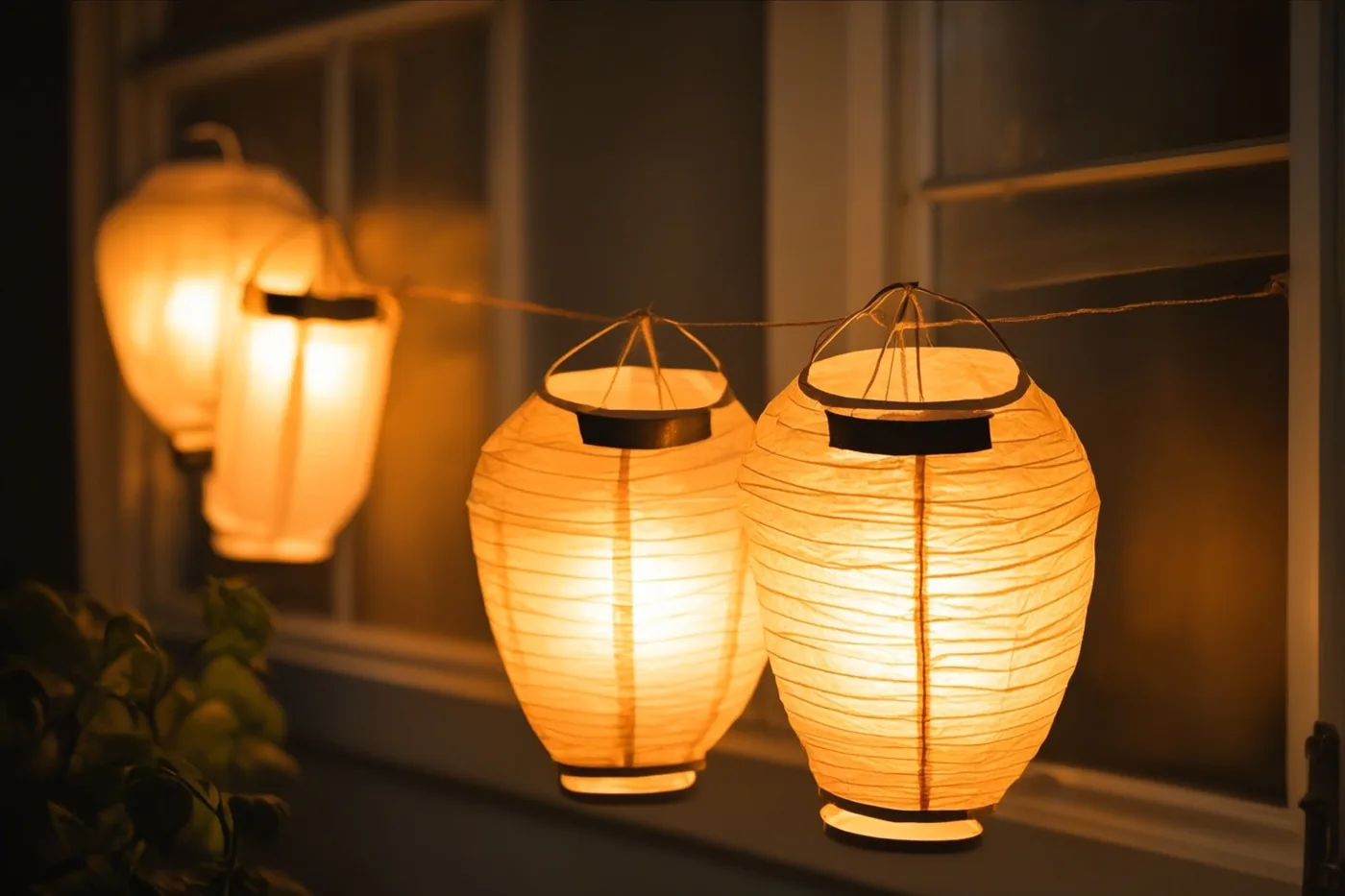Verschillende brandende papieren lampionnen hangen langs een vensterbank bij nacht, met een zacht vervaagde achtergrond.