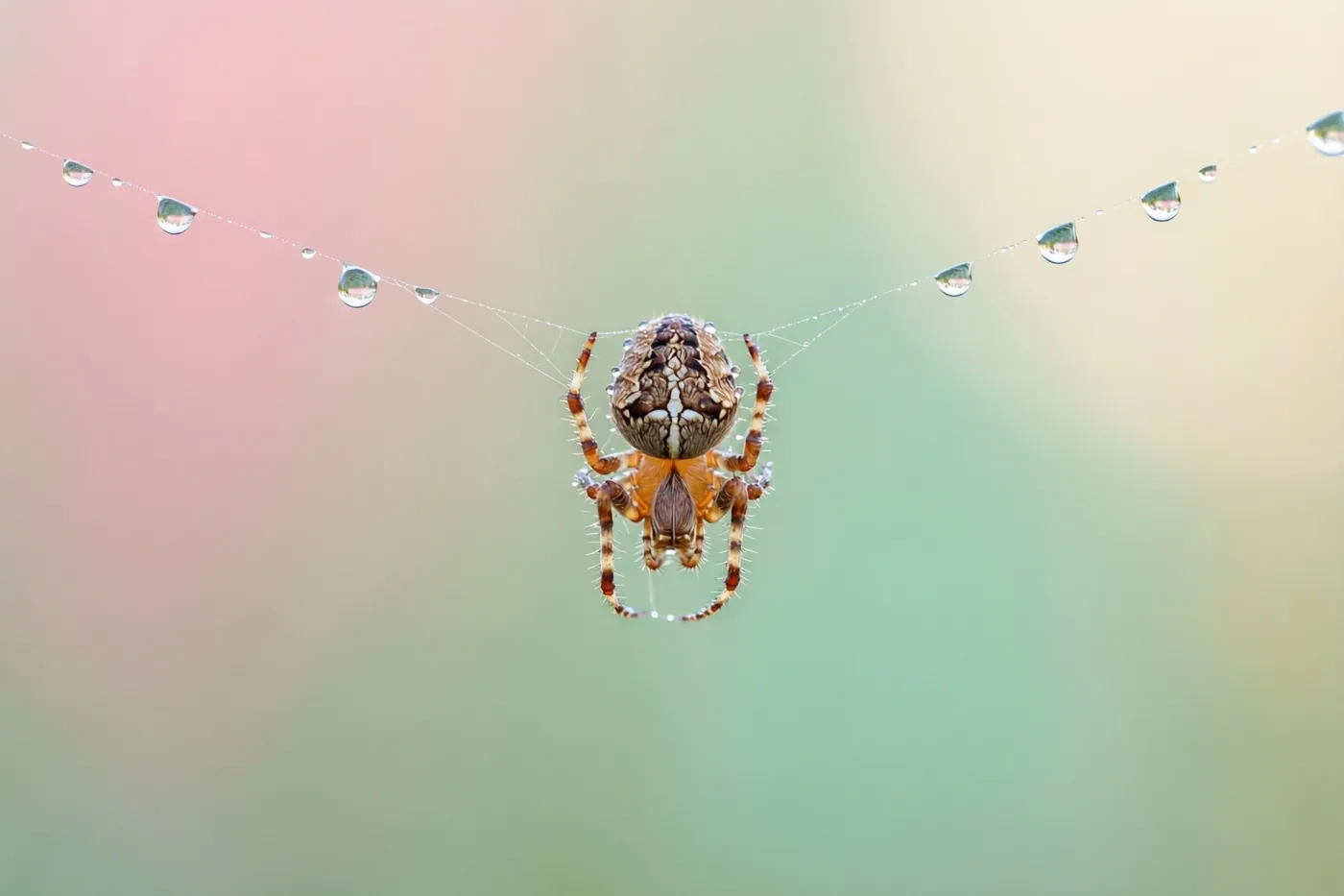 Een spin hangt ondersteboven in het midden van haar web met dauwdruppels aan de draden, tegen een zachte roze, groene en beige achtergrond.