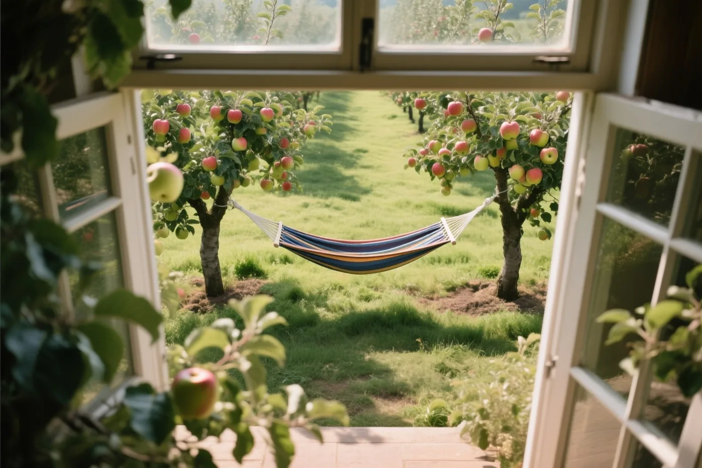 Door een open raam is een kleurrijk gestreepte hangmat te zien tussen twee appelbomen, met groen gras en rijpe appels in warm zonlicht.