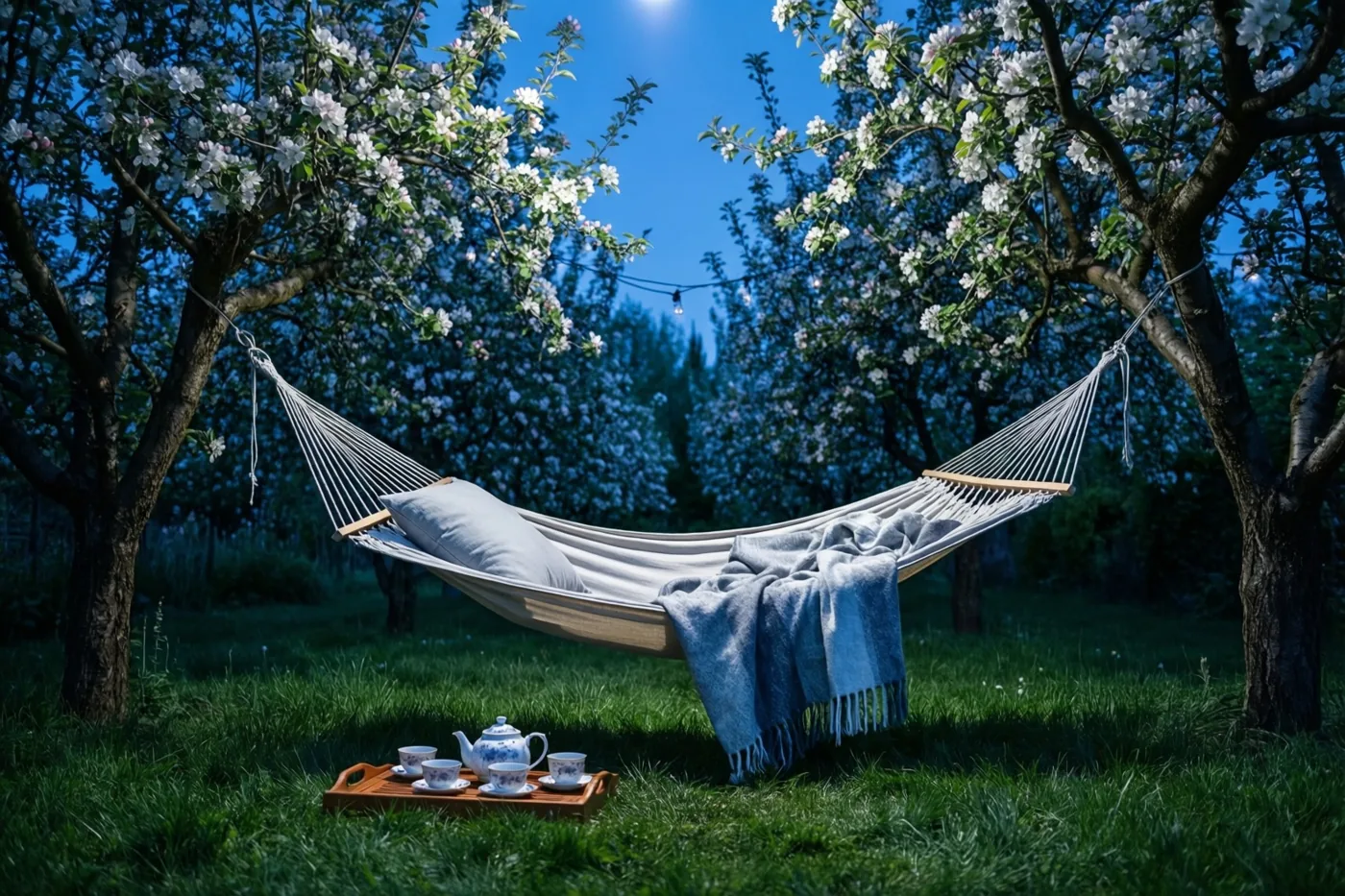 Een hangmat met een kussen en een deken hangt tussen twee bloeiende appelbomen, met een theeblad op het gras onder een heldere hemel in koele blauwe tinten.
