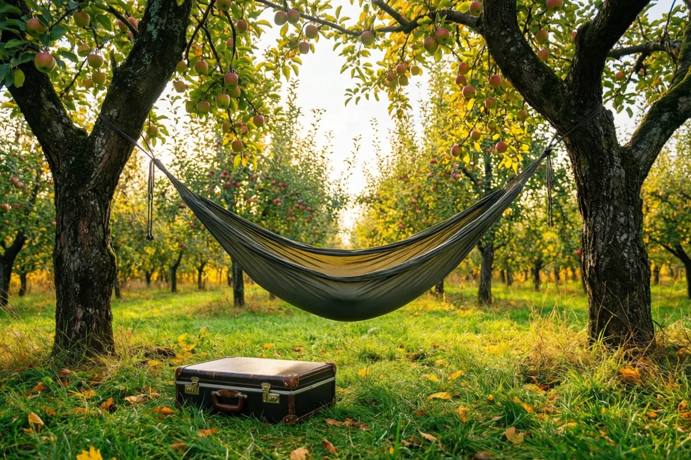 Een hangmat hangt tussen twee appelbomen in een herfstige boomgaard, met een oude aktetas op het gras eronder in warm gouden licht.