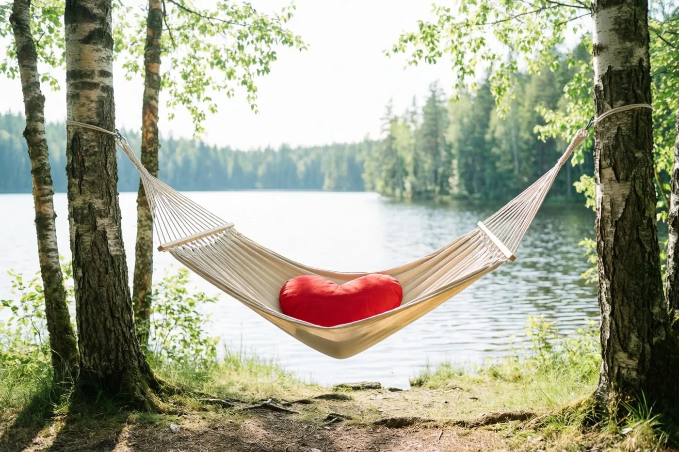 Een beige hangmat met een rood hartvormig kussen hangt tussen twee berken bij een rustig meer in een zonnig groen bos, met bomen aan de overkant.