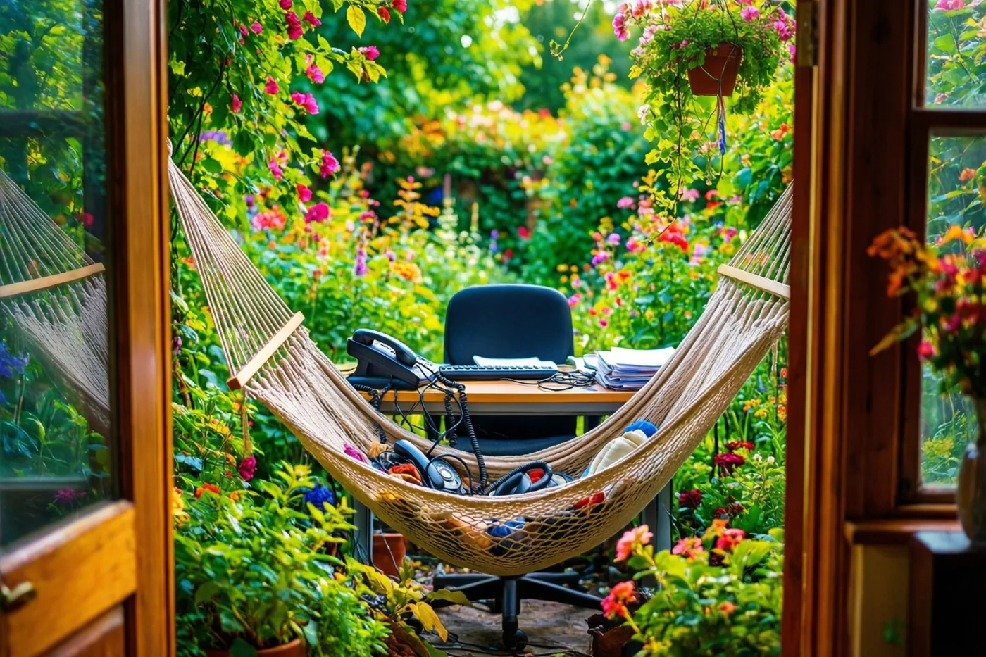 Door een open houten deuropening is een beige hangmat te zien met een verstrikte zwarte kantoortelefoon en andere kantoorapparatuur, tussen groen en kleurrijke bloemen.