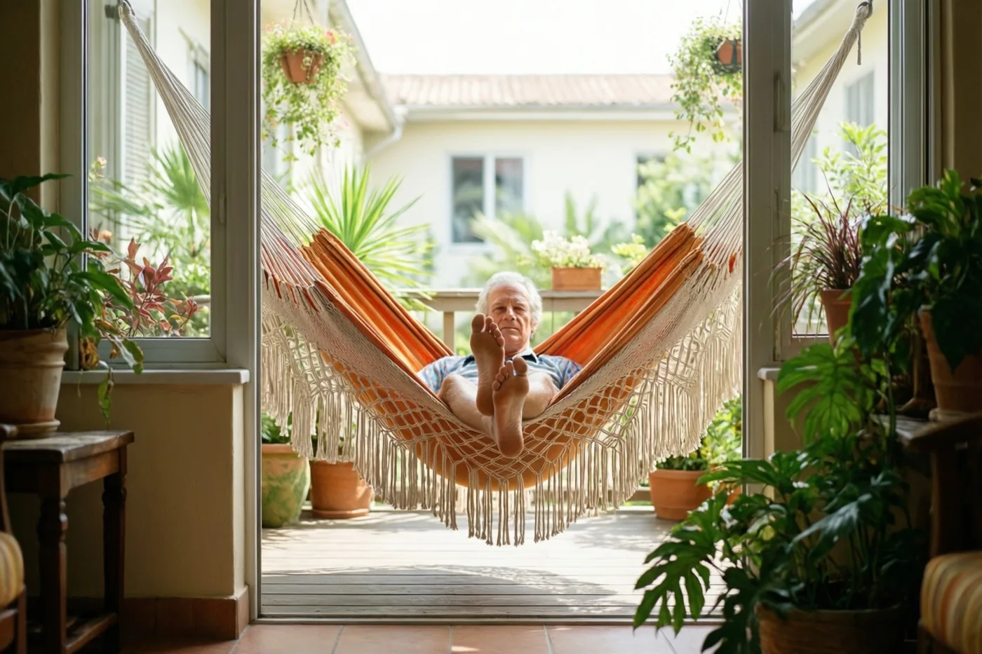 Een oudere man ligt met zijn blote voeten omhoog in een oranje en crèmekleurige hangmat met franjes op een houten terras, omringd door potplanten en omlijst door glazen deuren in warm zonlicht.