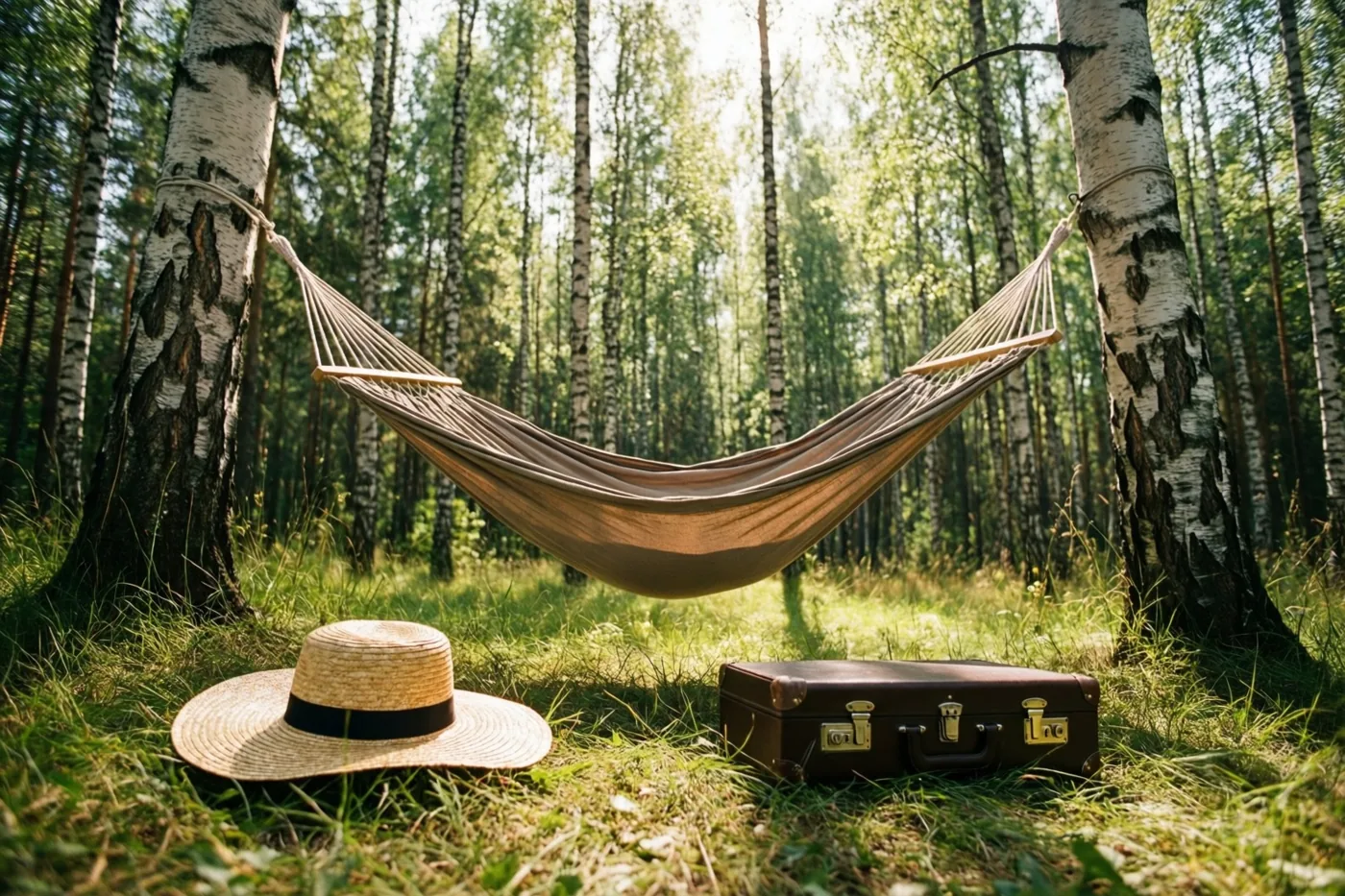 Een hangmat hangt tussen twee berken op een zonnige open plek in het bos, met een strohoed en een bruine aktetas op het gras eronder.