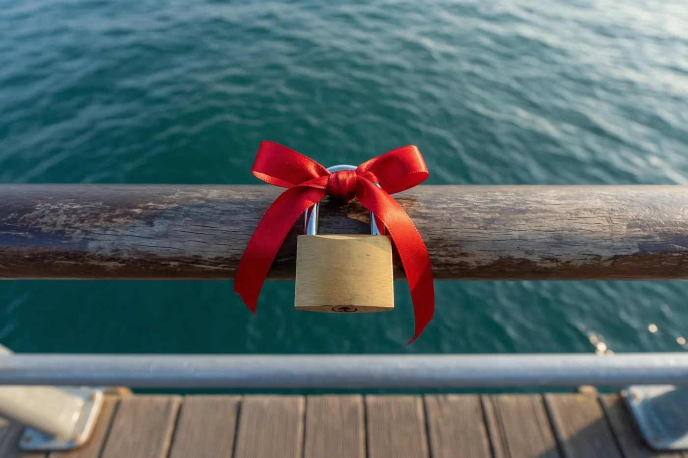 Een messing hangslot met een rood lint hangt aan de leuning van een houten pier, met blauwgroen zeewater op de achtergrond in warm licht.