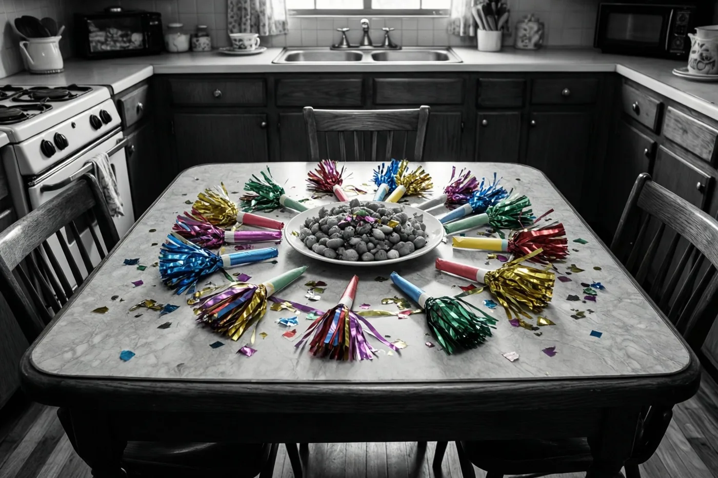 Op een tafel met marmerpatroon staan een kom hapjes, kleurrijke confettiknallers en confetti in een jarenzestigkeuken met donkere kasten.