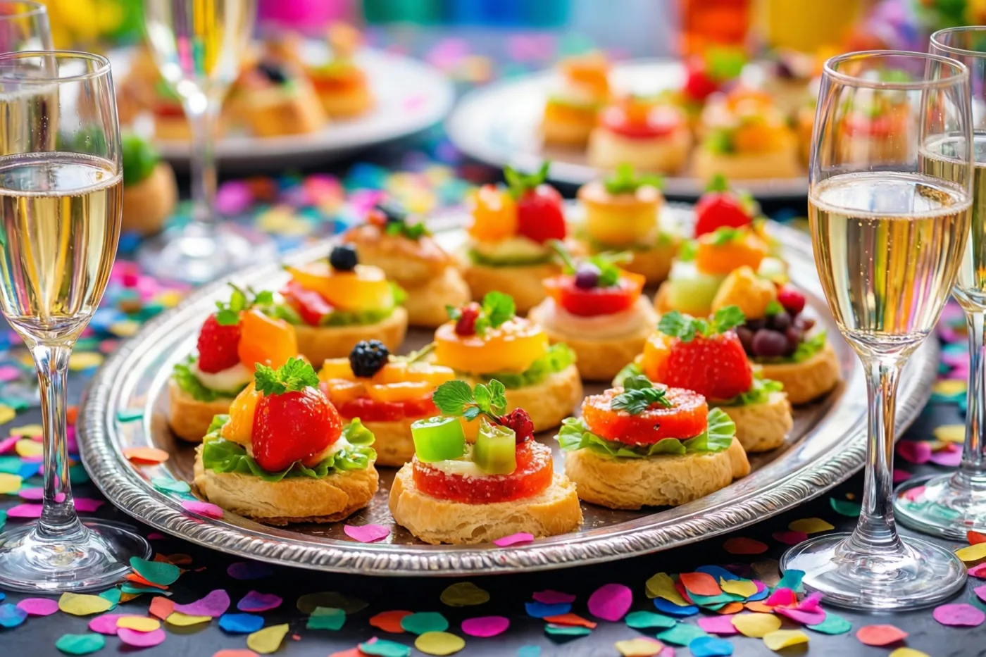 Een zilveren schaal met kleurrijke hapjes met vers fruit en kruiden staat naast glazen schuimwijn op een tafel met confetti.