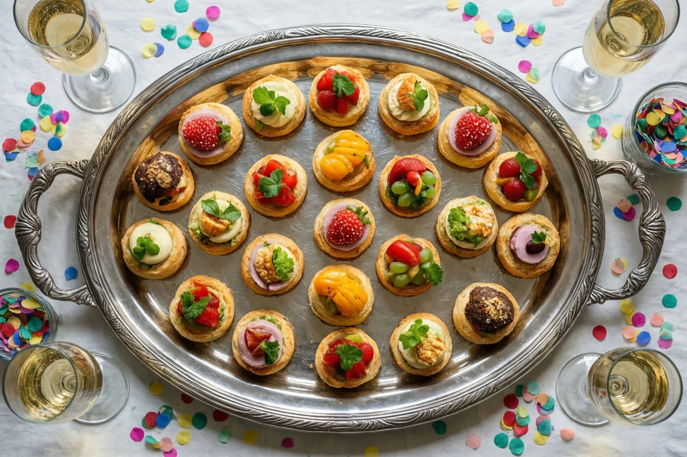 Op een zilveren schaal liggen rijen kleurrijke hapjes met fruit en garnering, omringd door glazen schuimwijn op een wit tafelkleed met confetti.
