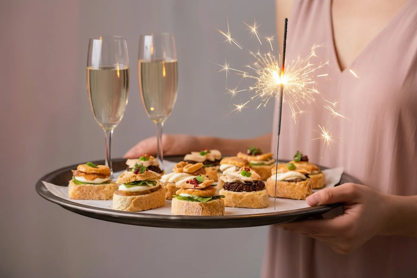 Iemand houdt een dienblad met canapés en een brandend sterretje vast naast twee champagneglazen tegen een zachtgrijze achtergrond.