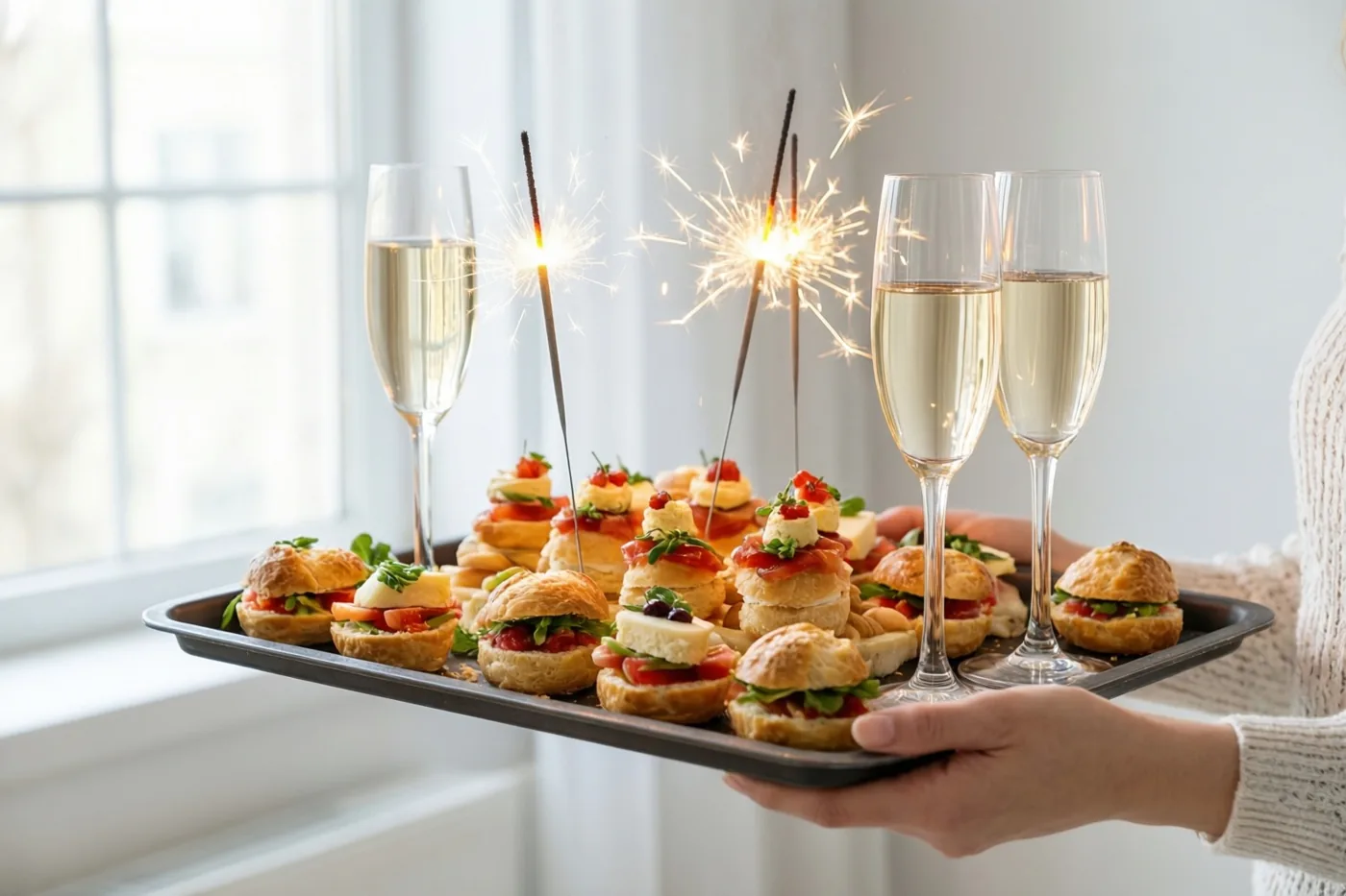 Iemand houdt een dienblad met canapés, brandende sterretjes en champagneglazen vast voor een helder raam.