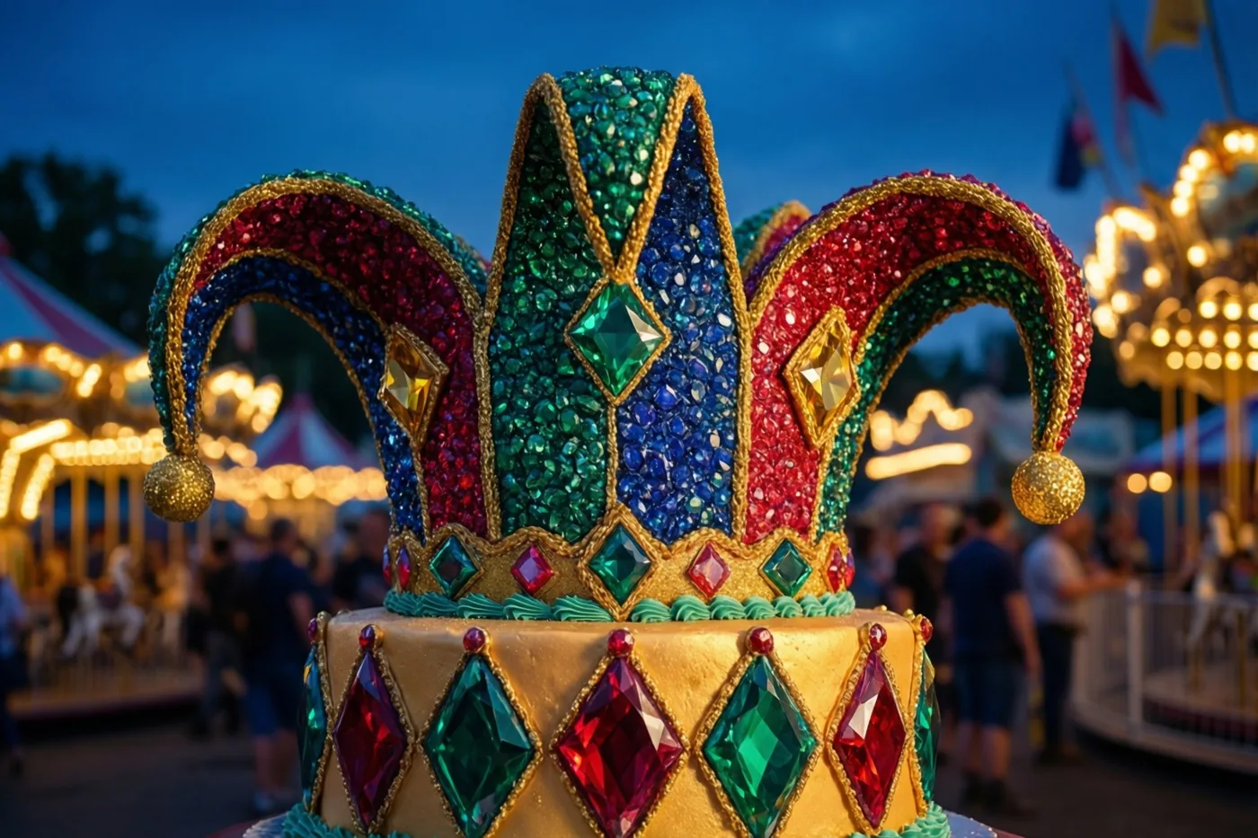 Een taart in de vorm van een met juwelen versierde harlekijnhoed staat voor een onscherpe carnavalsachtergrond met lichtjes, in goud, rood, groen en blauw.