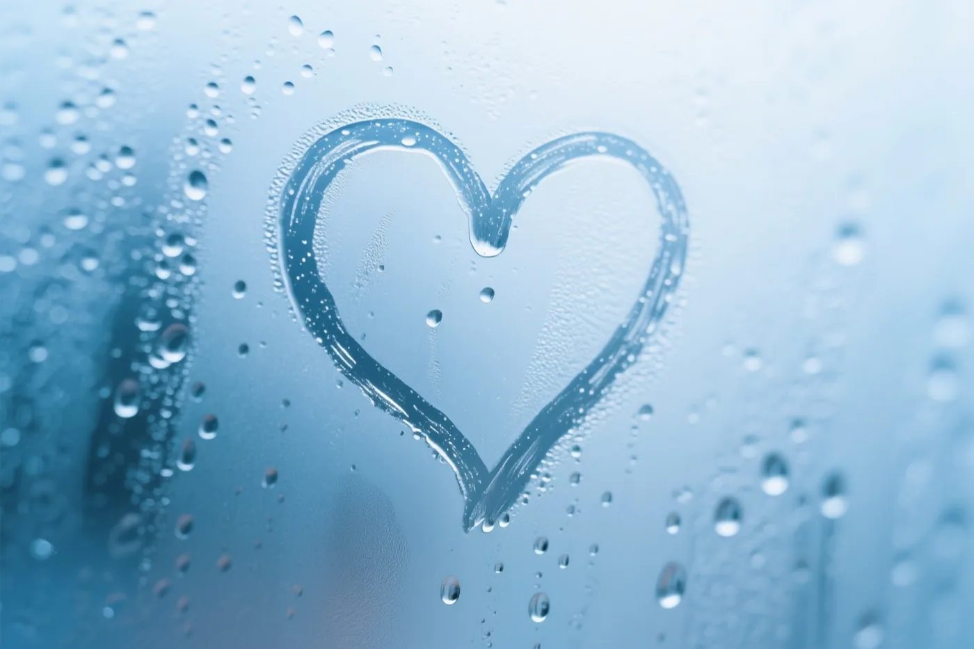 Een hart is getekend in de condens op glas, omringd door regendruppels in koele blauwe tinten.