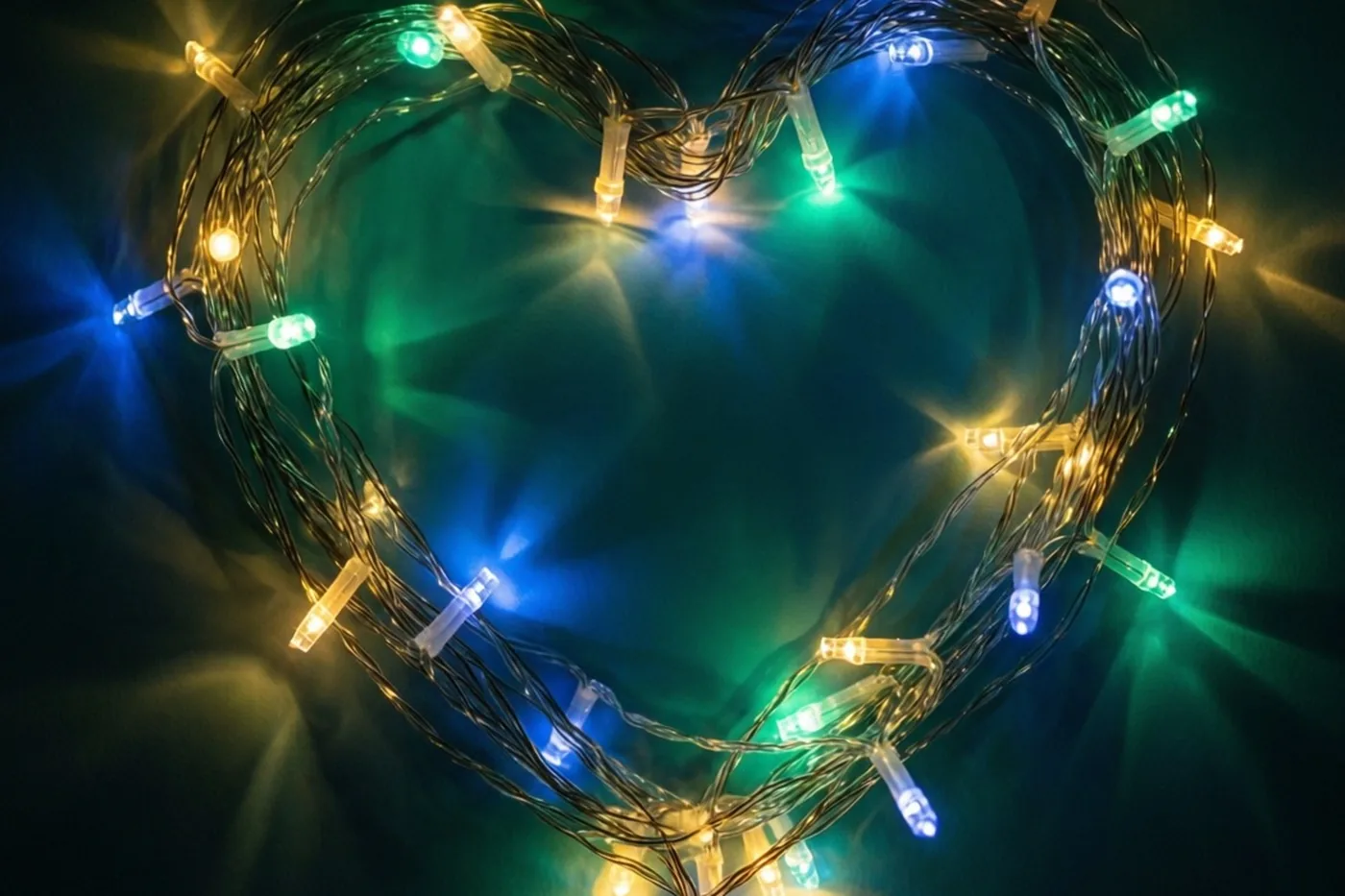 Een verstrengelde lichtslinger met blauwe, groene en gele lampjes vormt een hart tegen een donkere achtergrond met zachte lichtvlekken.