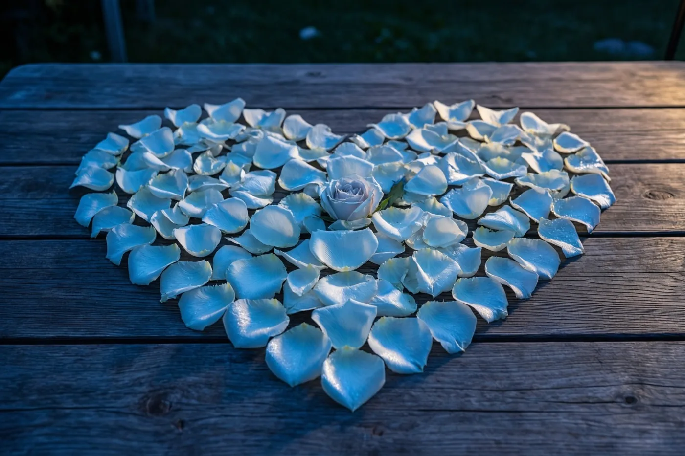 Lichtblauwe rozenblaadjes vormen een hart op een donkere houten tafel in zacht, koel licht.