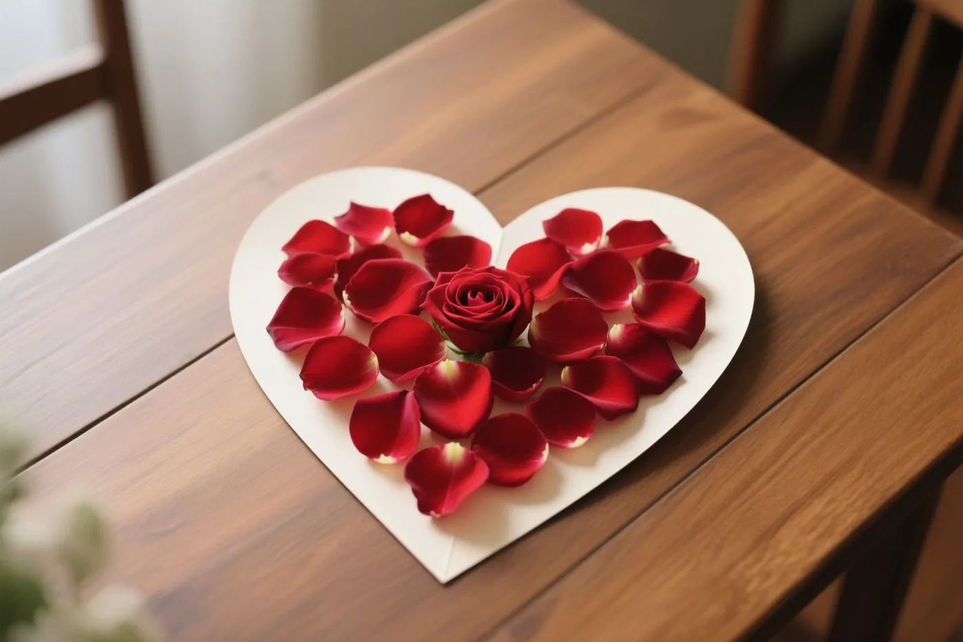 Op een wit bord op een houten tafel liggen rode rozenblaadjes in een hartvorm en één roos, zacht belicht.