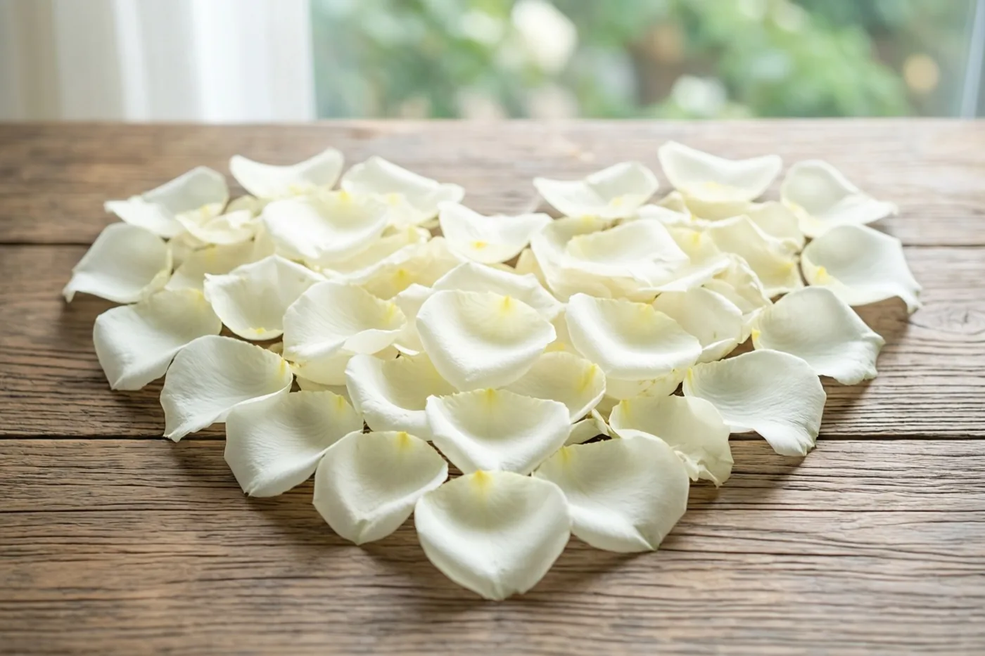 Witte rozenblaadjes liggen in een hartvorm op een rustieke houten tafel in zacht licht van een raam op de achtergrond.