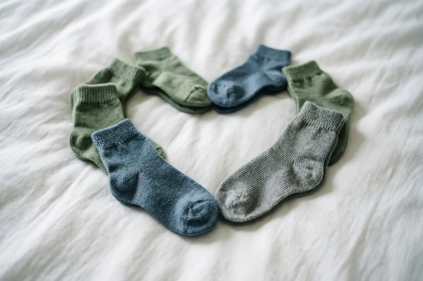 Zes kleine babysokjes in gedempte groene, blauwe en grijze tinten liggen in de vorm van een hart op een wit laken.