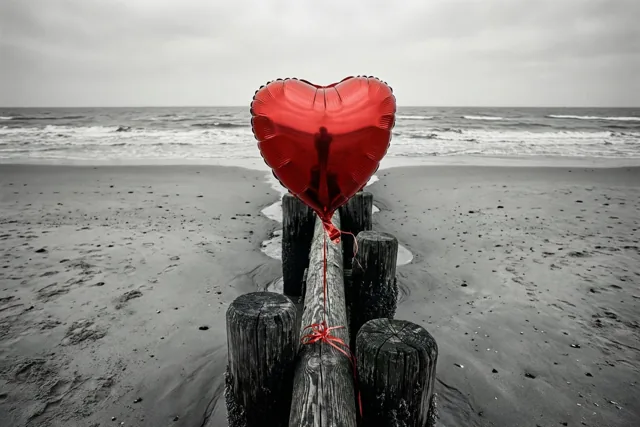 Een rode hartvormige ballon met een rood lint zit vast aan een verweerde houten golfbreker op een breed zandstrand, in een verder zwart-wit beeld.