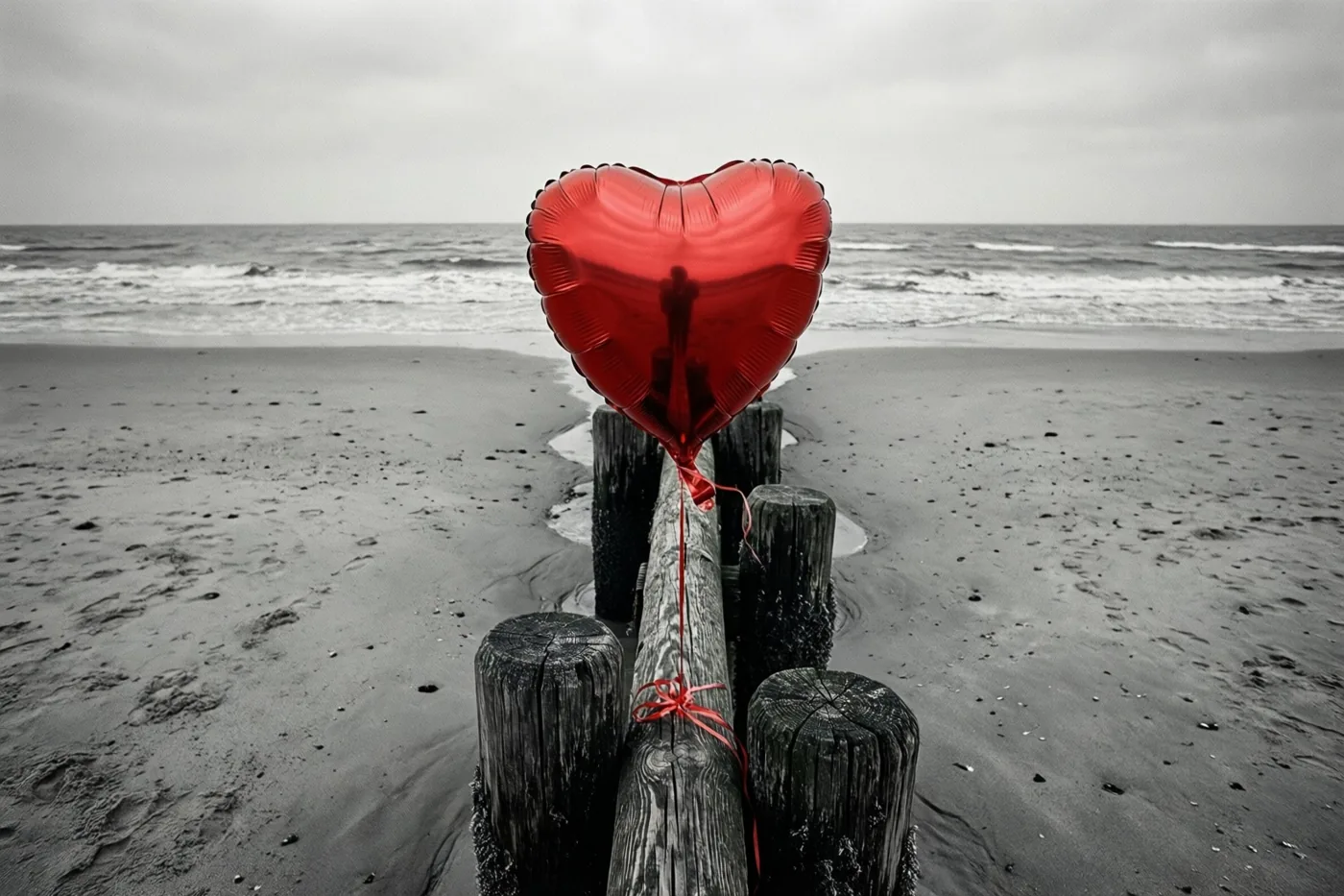 Een rode hartvormige ballon met een rood lint zit vast aan een verweerde houten golfbreker op een breed zandstrand, in een verder zwart-wit beeld.