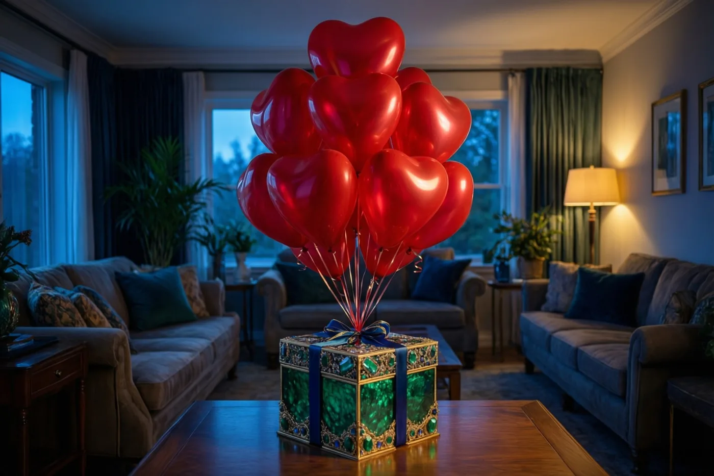 Rode hartballonnen zijn vastgemaakt aan een groen ringdoosje met sierstenen op een houten salontafel in een schemerige woonkamer met blauw raamlicht en warme binnenverlichting.