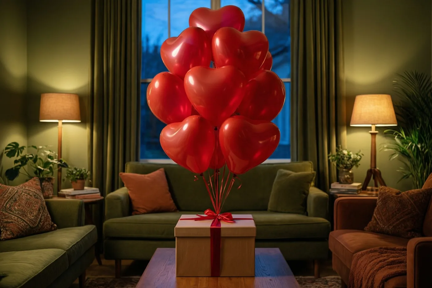 Rode hartballonnen hangen met een rood lint aan een lichtbruine geschenkdoos op een houten salontafel, in een woonkamer met groene zetels en een blauwe avondlucht achter het raam.
