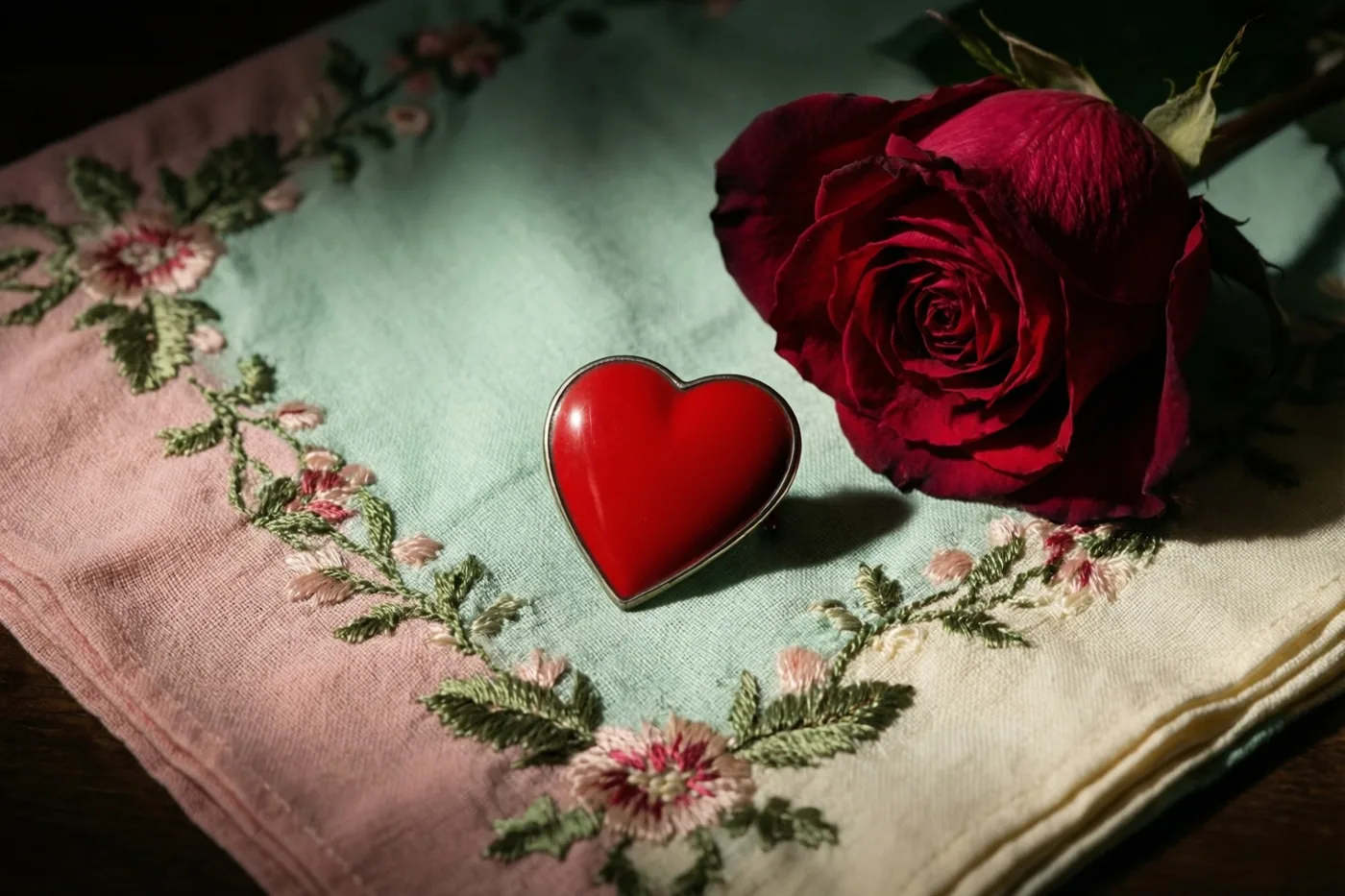 Een glanzende rode hartvormige broche ligt op een oude zakdoek met geborduurde bloemen naast een dieprode roos in zacht licht.