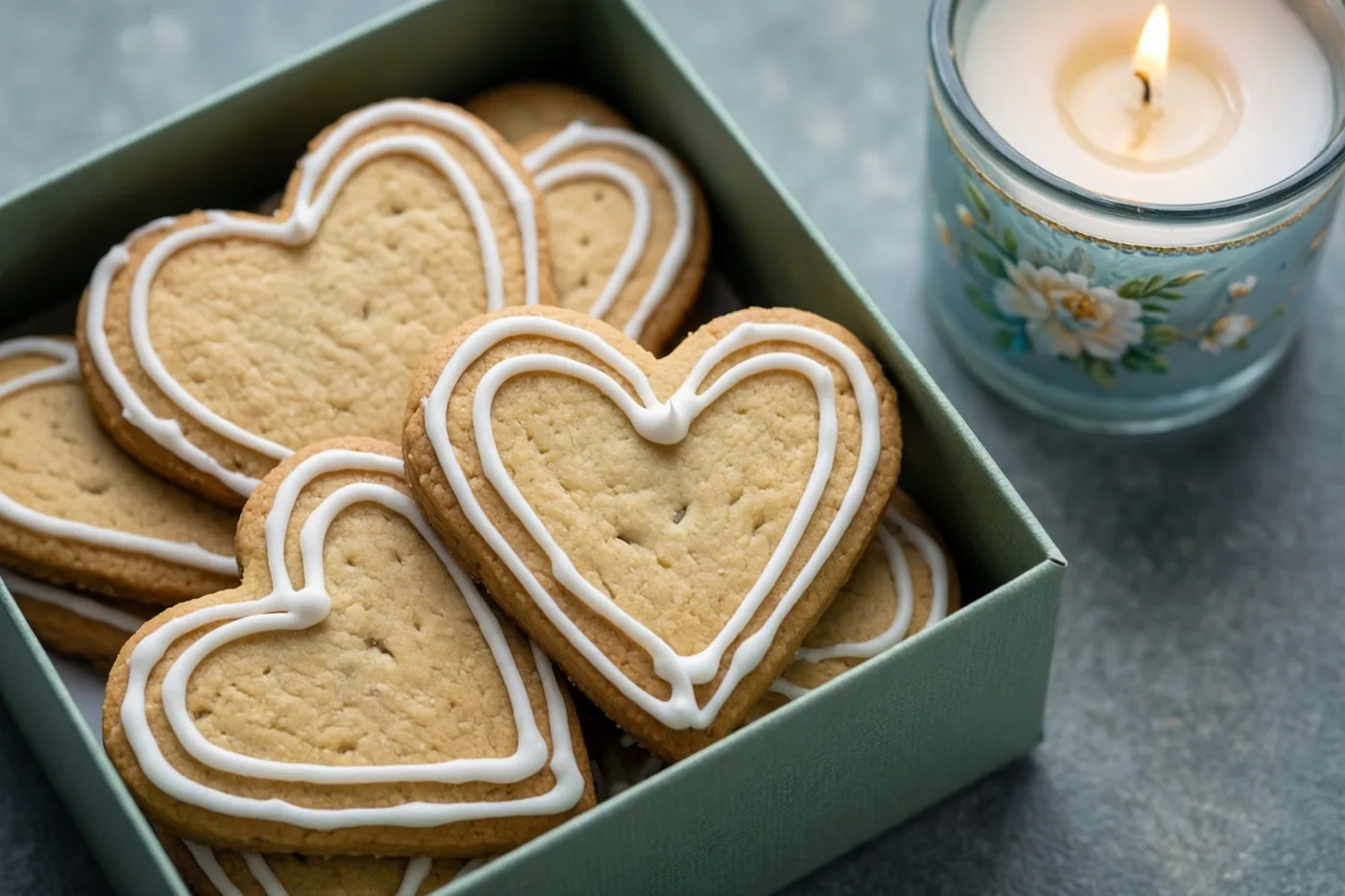 Hartvormige koekjes met wit glazuur liggen in een groene geschenkdoos naast een brandende doopkaars in een houder met bloemenmotief, op een grijze ondergrond.