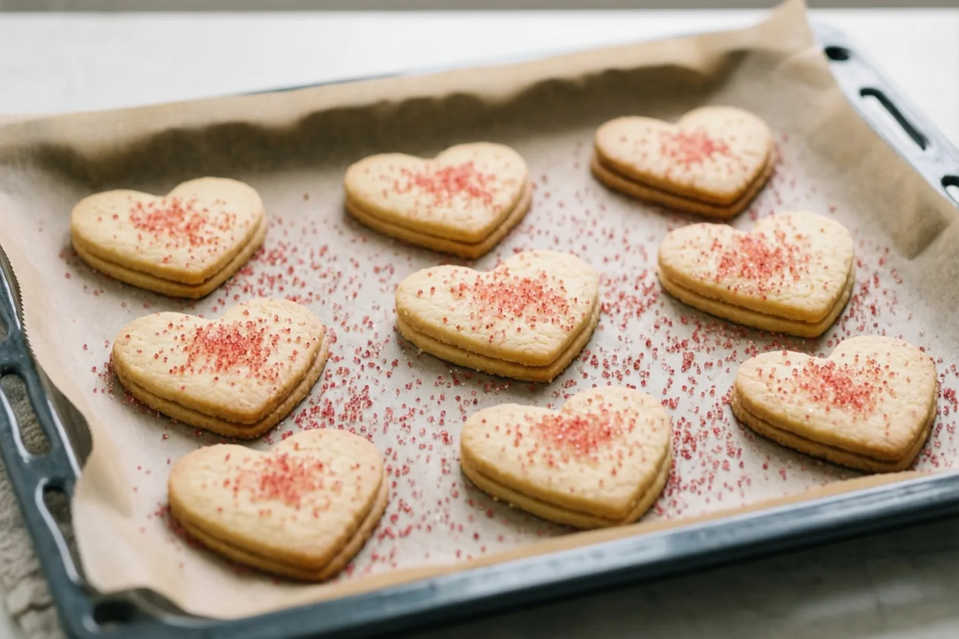 Hartvormige boterkoekjes met rode suikerstrooisels liggen op een plaat met bakpapier op een lichte ondergrond in zacht daglicht.
