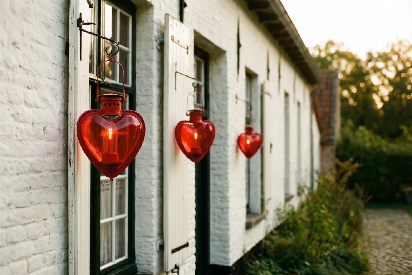 Rode hartvormige lantaarns hangen naast de luiken van een witgekalkte hoeve in warm, goudkleurig licht.