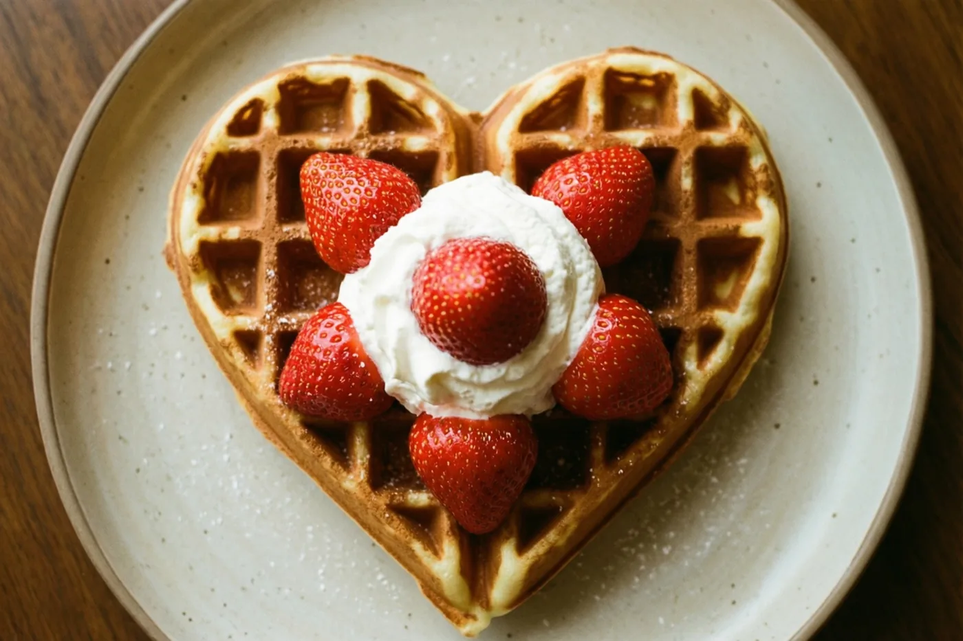 Een hartvormige wafel met aardbeien en slagroom ligt op een gespikkeld keramieken bord op een houten oppervlak in warm daglicht.