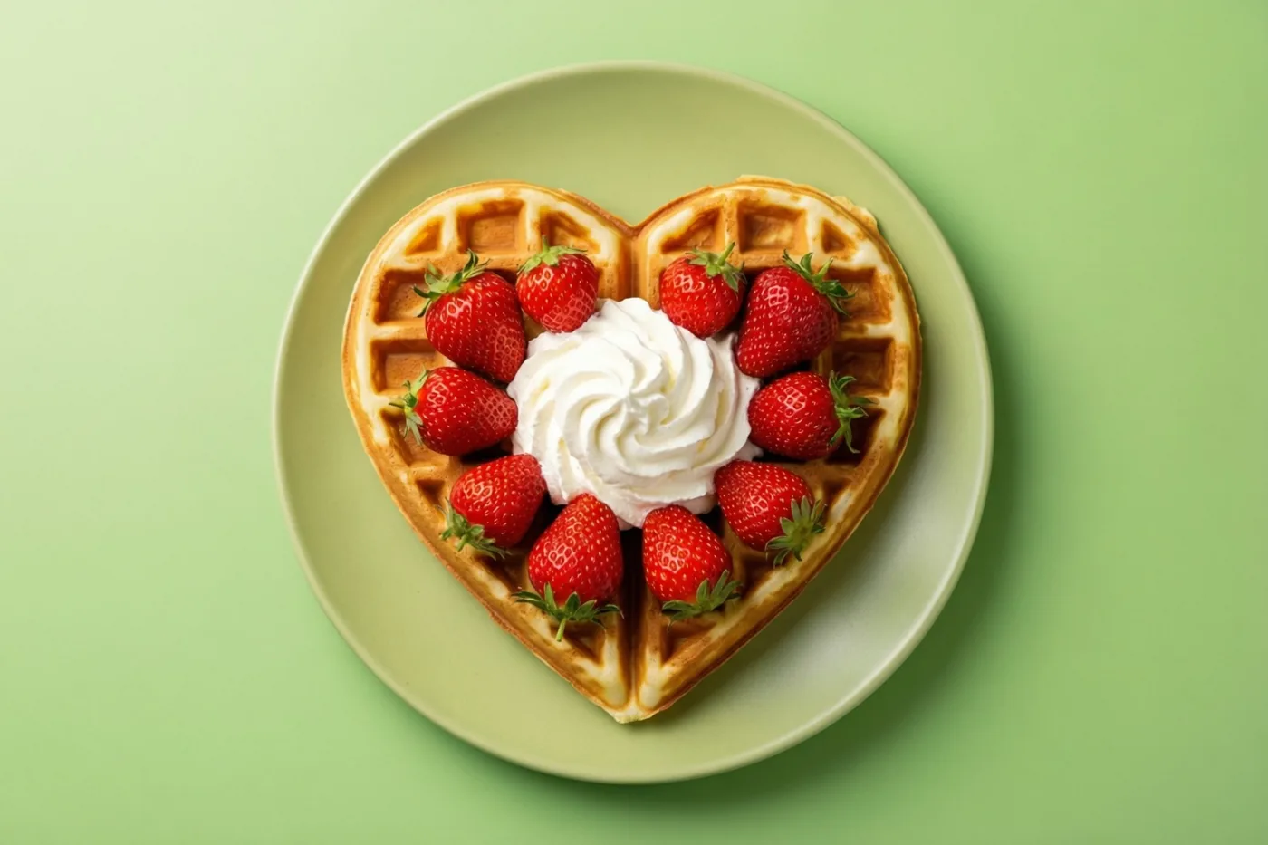 Een hartvormige wafel met aardbeien en slagroom ligt op een lichtgroen bord tegen een bijpassende groene achtergrond.