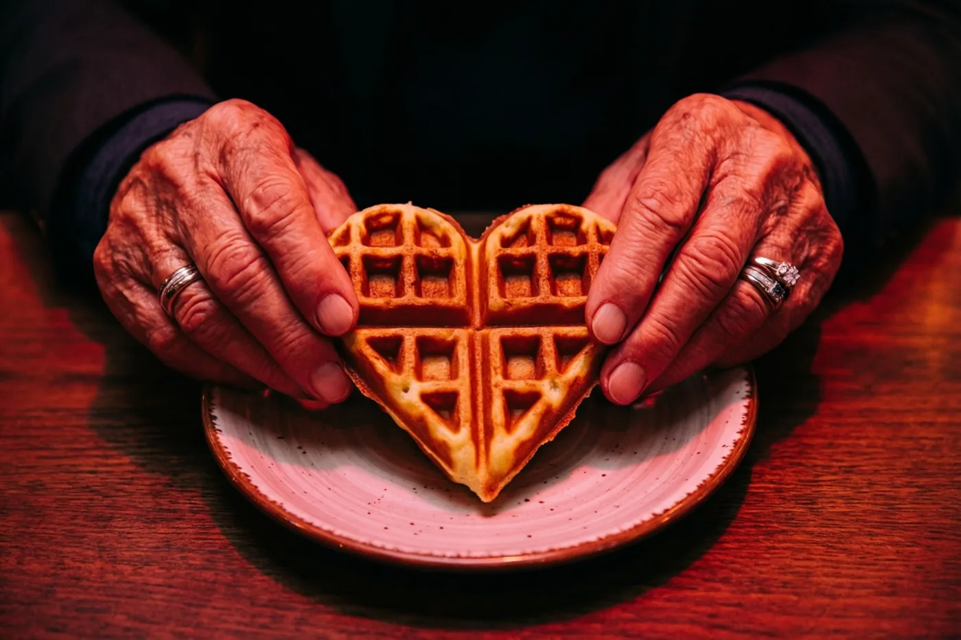 Twee gerimpelde handen met trouwringen houden een hartvormige wafel op een keramisch bord op een houten cafétafel, in warme rode en bruine tinten.