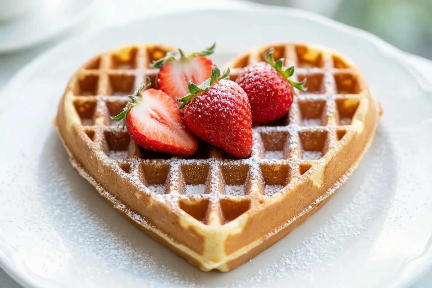 Een hartvormige wafel met bloemsuiker en verse aardbeien ligt op een wit bord in helder licht.