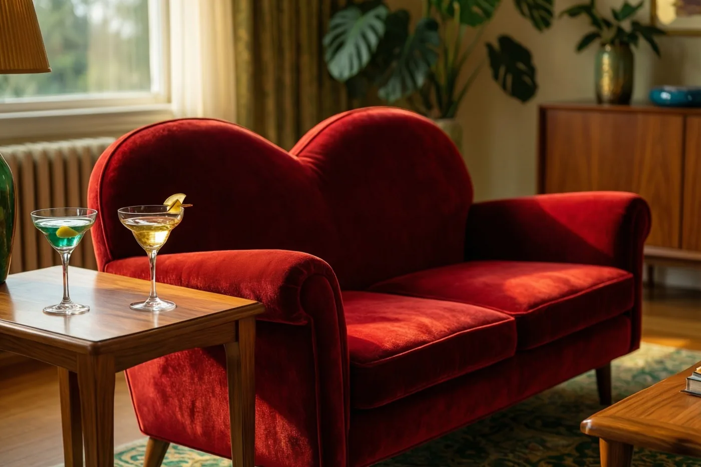 Een rode fluwelen hartvormige zetel staat naast een teakhouten bijzettafel met twee cocktailglazen in een woonkamer in jarenzestigstijl met groene planten en houten meubels.