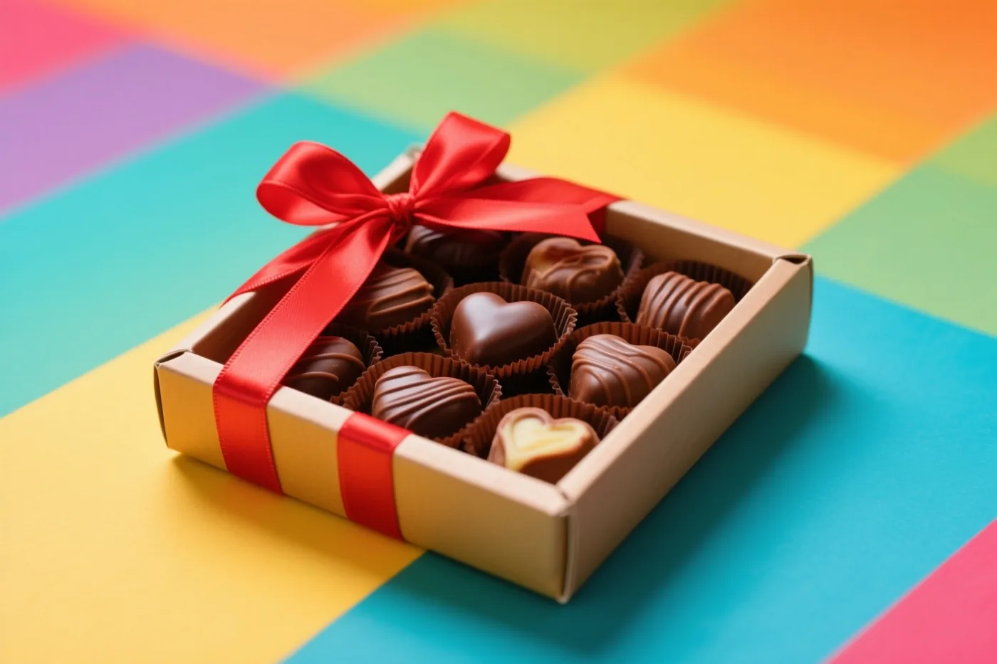 Een doos Belgische hartvormige pralines met een rood lint staat op een kleurrijke ondergrond met regenboogpatroon.