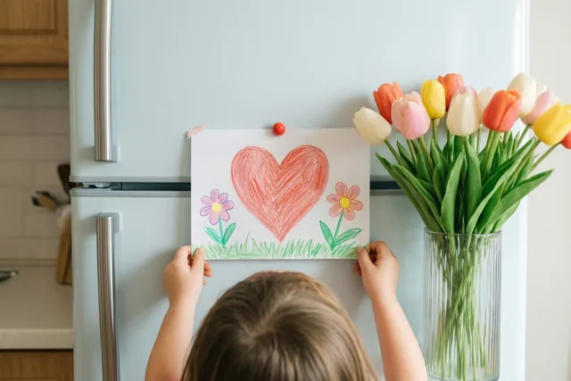 Een kind hangt een tekening met een groot rood hart en twee kleine bloemen aan een lichtblauwe koelkast, naast een vaas kleurrijke tulpen.