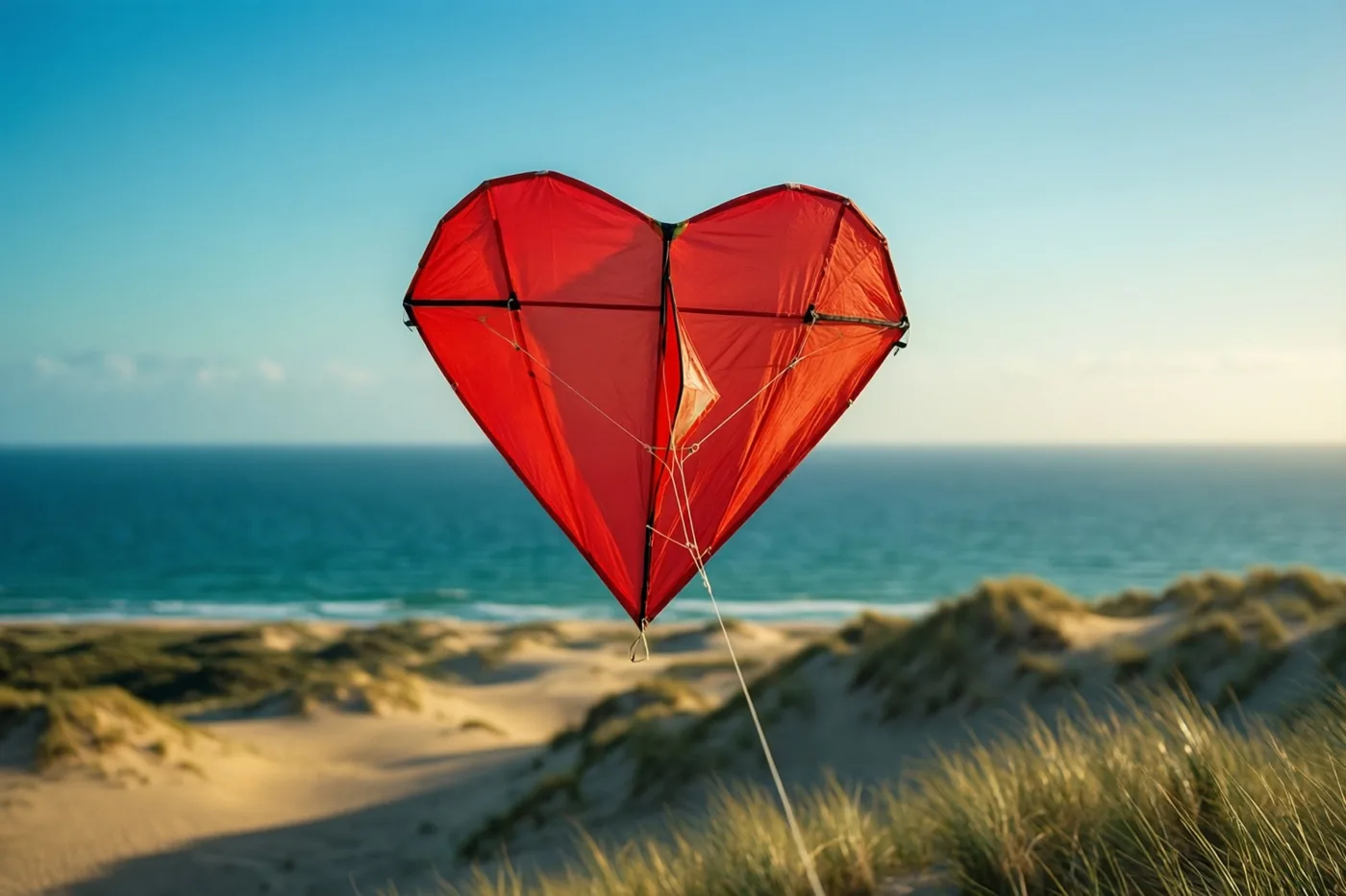 Een rode hartvormige vlieger hangt boven zandduinen en de zee onder een helderblauwe hemel.